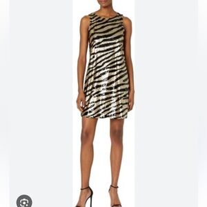 Trina Turk shimmering Sequin shift dress in black +gold ZEBRA pattern size 16